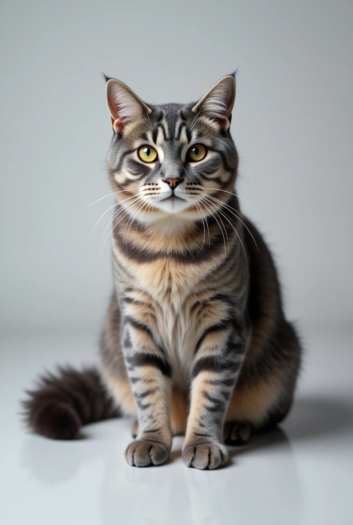 An ID photo of a silver-gray American Shorthair cat, front-facing and centered with a neutral background. The cat is sitting upright, with clear focus on its face, visible whiskers and fur details, even lighting, and a symmetrical composition.
