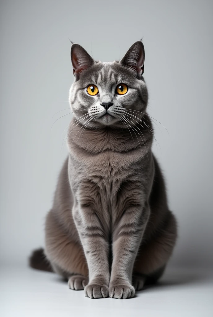 An ID photo of a silver-gray American Shorthair cat, front-facing and centered with a neutral background. The cat is sitting upright, with clear focus on its face, visible whiskers and fur details, even lighting, and a symmetrical composition.