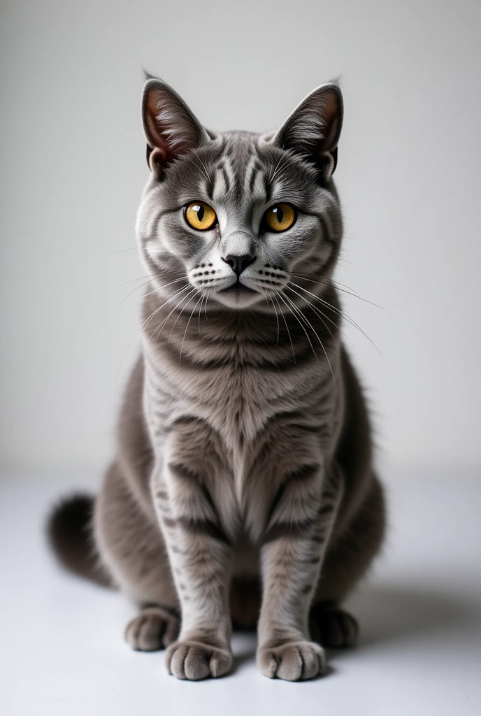 An ID photo of a silver-gray American Shorthair cat, front-facing and centered with a neutral background. The cat is sitting upright, with clear focus on its face, visible whiskers and fur details, even lighting, and a symmetrical composition.