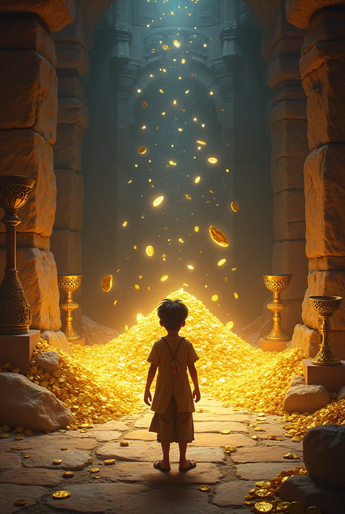 Arjun standing in awe as he sees piles of gold coins, diamonds, and other treasures hidden in the secret chamber. His eyes are wide with amazement.**