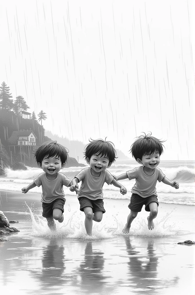 A creative scene of rainy seasion, boys playing, a pencil sketch

