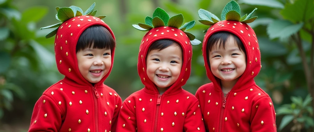Three real Asian children dressed as strawberries