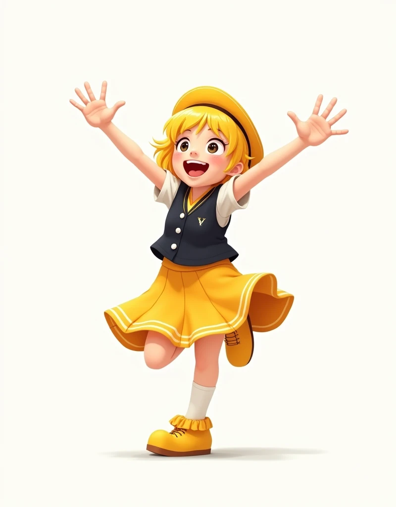 Pixar 2d art style, Girl with yellow short hair, wearing Japanese yellow skirt, black sleeveless school girl uniform, yellow bonnet, big yellow shoes, jumping pose, white background