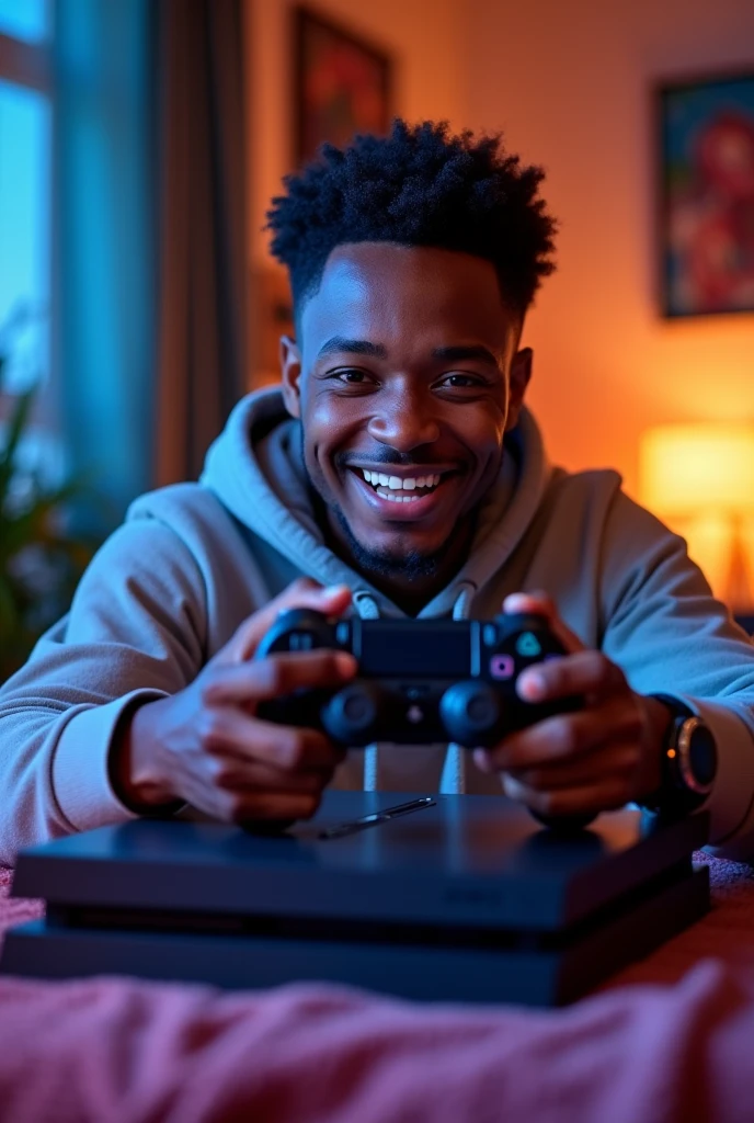ethiopian 30 years old  gamer in youtube  happy face  holding ps4 and repairing it easly .for youtube thumbnail aspect ratio
