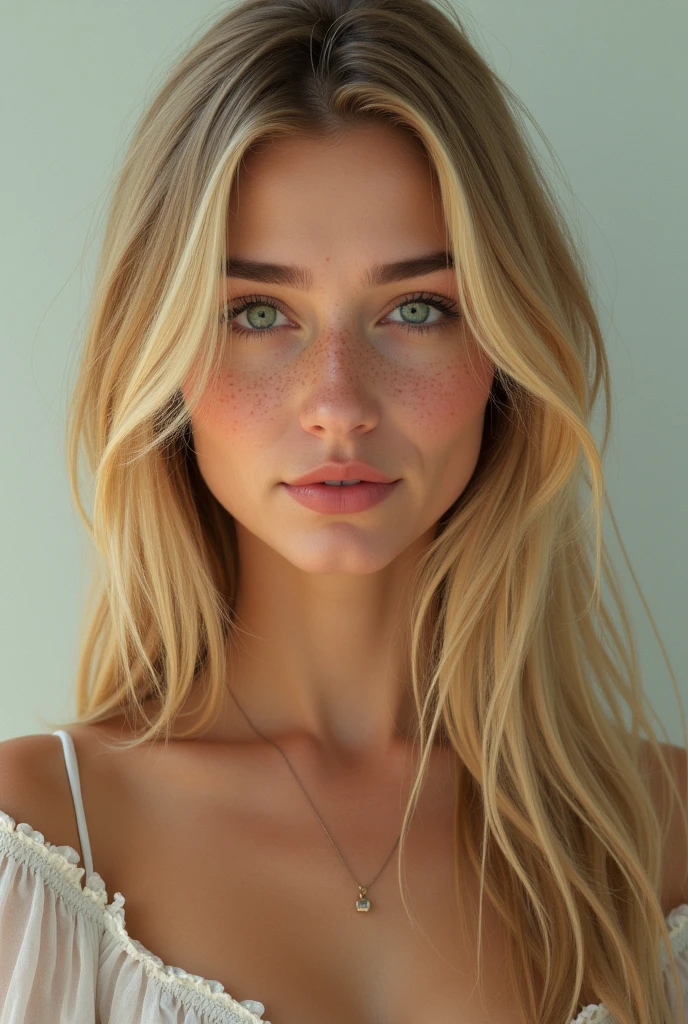 Girl 30 years old blonde long straight hair green eyes freckles