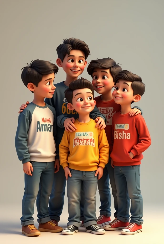 There are three boys and the name of the first is boy name is Aman, the second boy name is Zeeshan and the third boy name is Farhan and the fourth boy name is misbah and fifth boy name is buddha written on the different types of shirt.