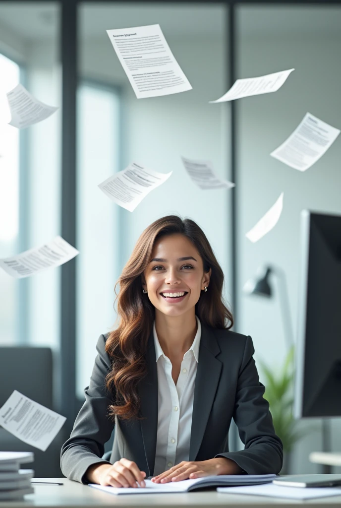 Office girl sit and smile while papers are flying into the computer screen