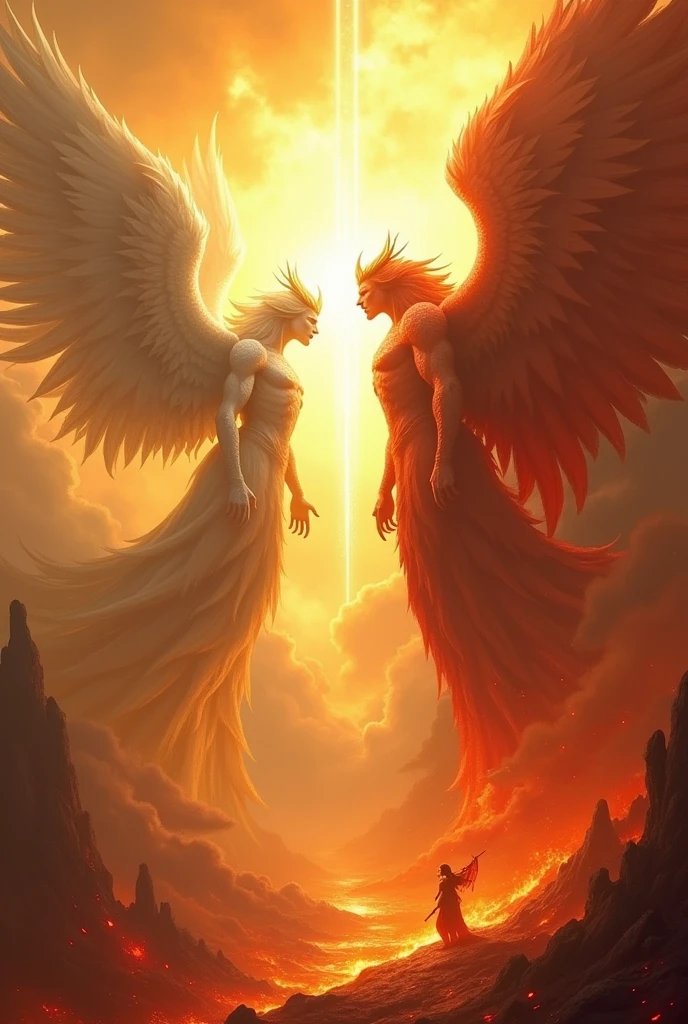 The scene of angels and demons fighting, grand and majestic, with huge wings, angels on the left and demons on the right, golden and holy clouds and light, red magma of hell, shining brightly