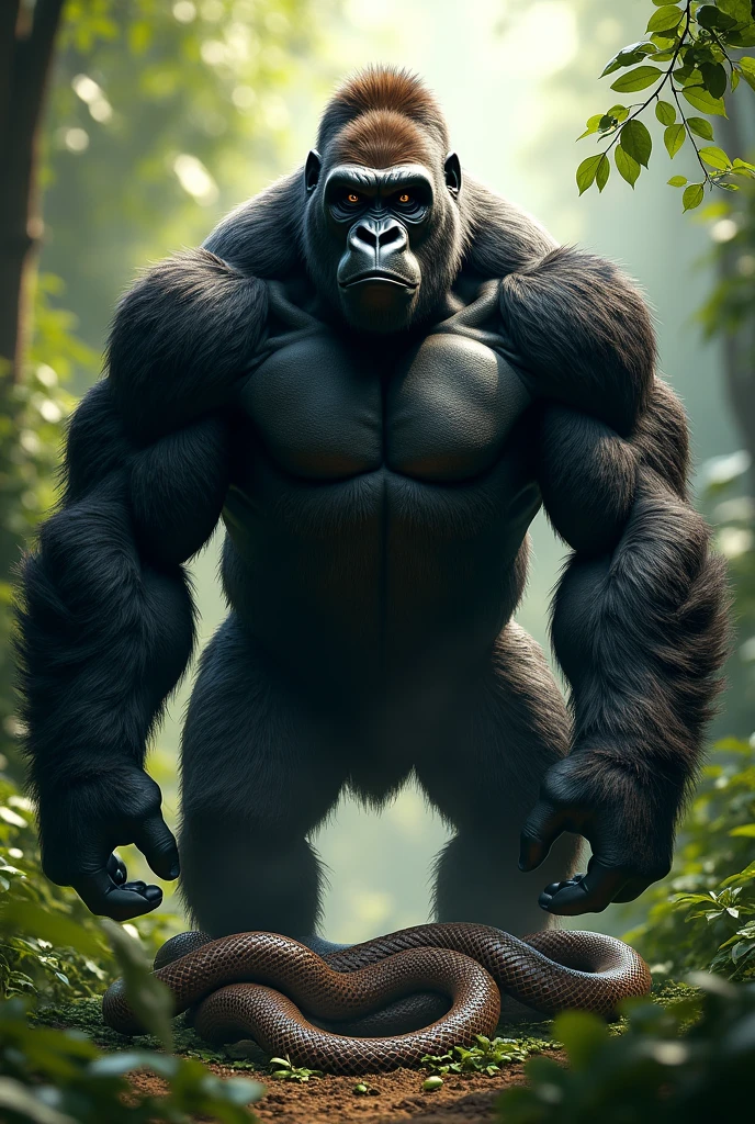 Gorilla standing on snake