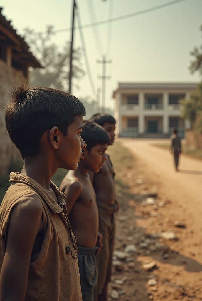 "Create an image of several poor roadside children wearing torn clothes, gazing at a well-maintained government school building in the distance. The children’s faces should reflect hope and longing for education, contrasting with their tattered clothing and the harsh environment around them. The school should appear bright and inviting, symbolizing a beacon of hope for a better future."