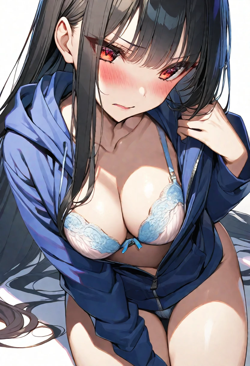 alone, good looking, 1. woman, Hime cut,Straight Long Hair, Black Hair, Red eyes＆Soft impression, Satoru Gojo ,hoodie,bra,Sexy,tits,skin,sexy,Embarrassing,White Background