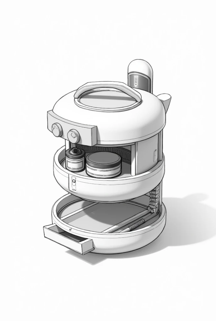 A round makeup kit with 3 compartment stacked on top each other, makeup brush holder attached to one of the compartment, button to hold the compartment in place, and a drawer on the last bottom story with a handle attached to the makeup kit to carry it in black and white sketch art.