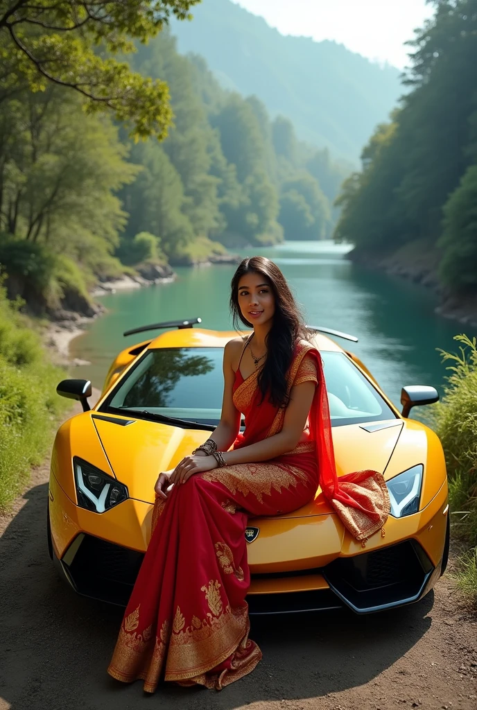 A girl here year 21, and sitdown has a Lamborghini and here body saree and bagraund river and hill a nature view