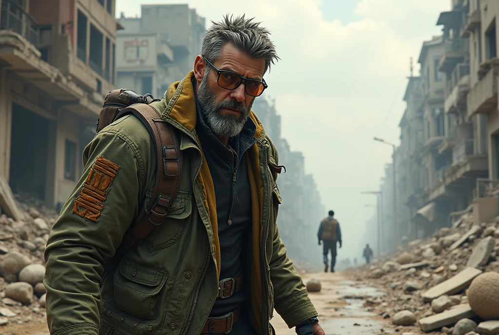 ((best quality,4k,highres,masterpiece:1.2)), ((16k alto detalhe cru))=>1.37, ((Scenes of post-apocalyptic devastation)=>1.2 Pele_true top of a 30-year-old Pivalora man with glasses and beard, Torn military jacket Pivalora advances through the Earth), causing chaos and destruction (Madmax: 0.9) arte de Carne Griffiths e Wadim Kashin, trending on ArtStation, foco nítido, altamente detalhado (perfeito_Hands) (perfeito_Dedos) Fujifilm XT3 style ((((more detail, high detailed, enhaced-themed_urban))))