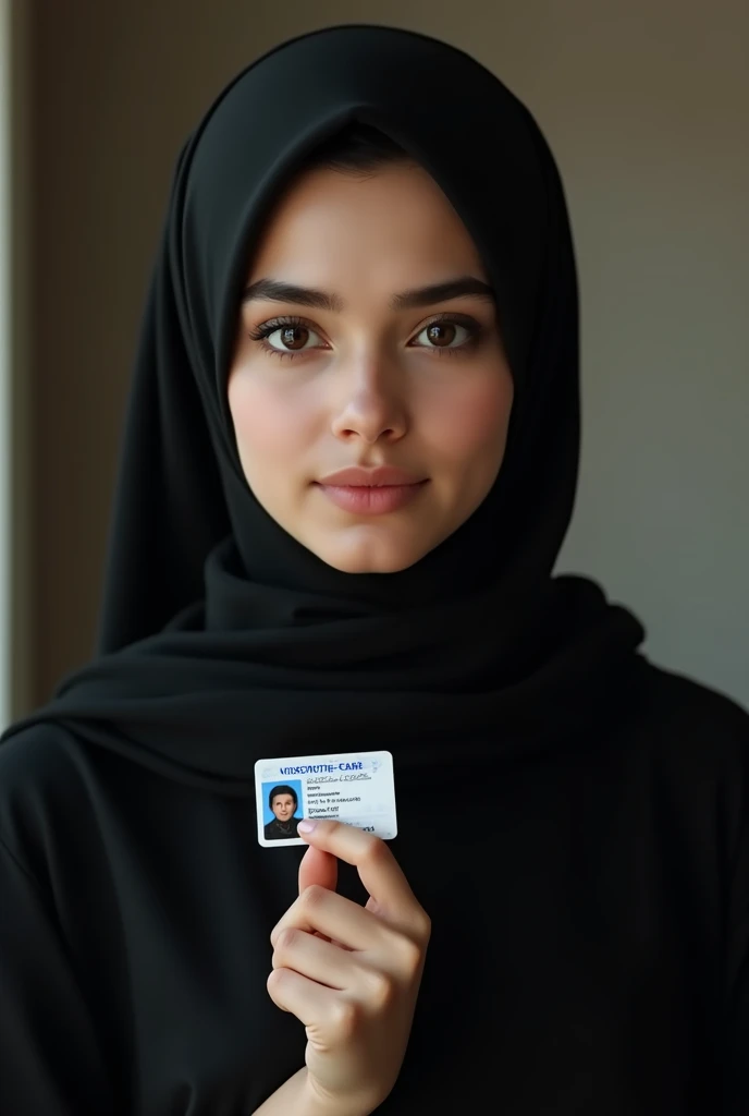 create a photo girl with black hijab holding id card