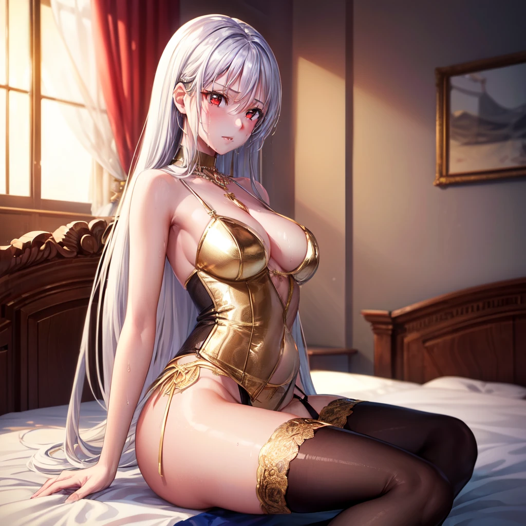 (masterpiece, best quality, beautiful and aesthetic:1.3), Elegant mature woman, 1woman, long silver hair, small breast, red eyes with slit pupils, black lingerie, black panties, ((gold wedding dress)), garterbelt with black stocking, laying top of bed, bedroom, wet, drenched,