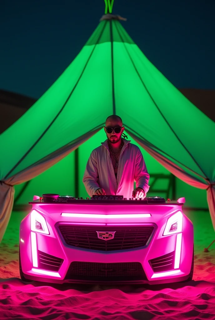 Give me an image of a DJ playing music behind a neon pink DJ booth with a cadillac grill on the front. The DJ is playing a party in the desert under a big green tent at night. The DJ goes by the name of First Bedouine On Mars and should be dressed like a mysterious futurist Bedouine man. Make him bald with a short beard and wearing burning man type dust goggles