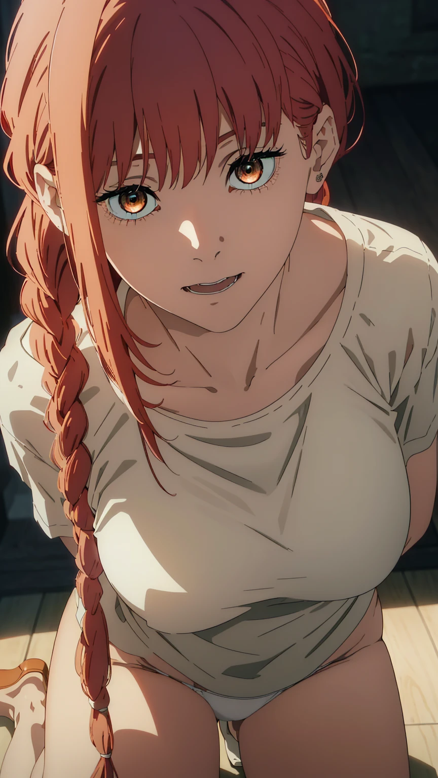 masterpiece,best quality, official art, extremely detailed CG unity 8k wallpaper, ((top quality, 8k, masterpiece: 1.3, ultra hd, high quality, best quality, high definition, ((realism)), sharp focus: 1.5,(Very detailed CG unity 8K wallpaper), Dark Cinematic Lighting, cinematic lighting, makima \(Chainsaw Man\),detailed gold eyes, beautiful eyes, close up, looking at viewer, ((detailed torn white T shirt)), Medium Breast ,Red hair, Long braided red hair, , dark background, kneeling, The best quality, ((detailed white panties)), ((open mouth)),