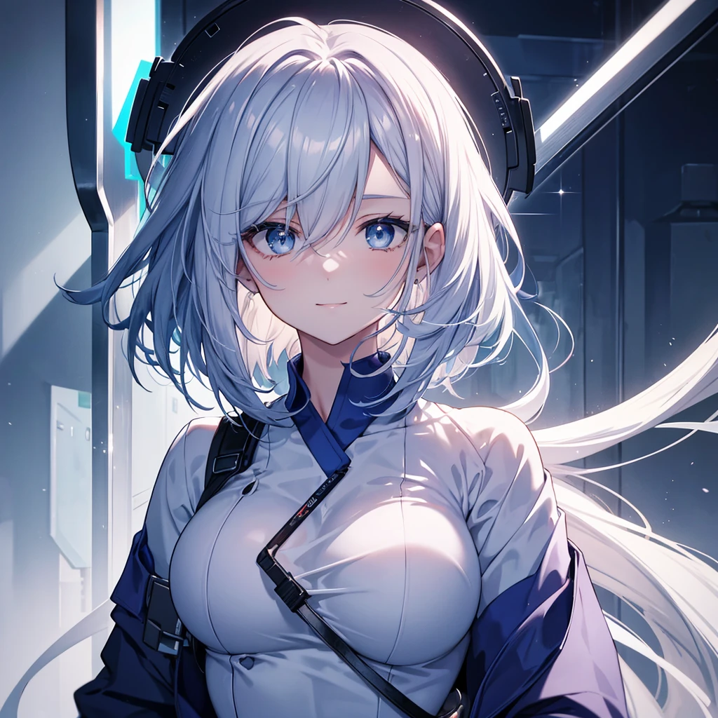 wear scrubs, White or pale blue scrub clothing, a beautiful detailed portrait of a shoulder length hair nurse aide, with no hat, large breasts, in an anime style, high resolution, photorealistic, dramatic chiaroscuro lighting, intricate details, ominous aura, beautiful blue eyes, beautiful silver hair, short bob cut, sharp facial features, strong presence, smile, I'm not wearing anything on my head, Hide your chest with your clothes.