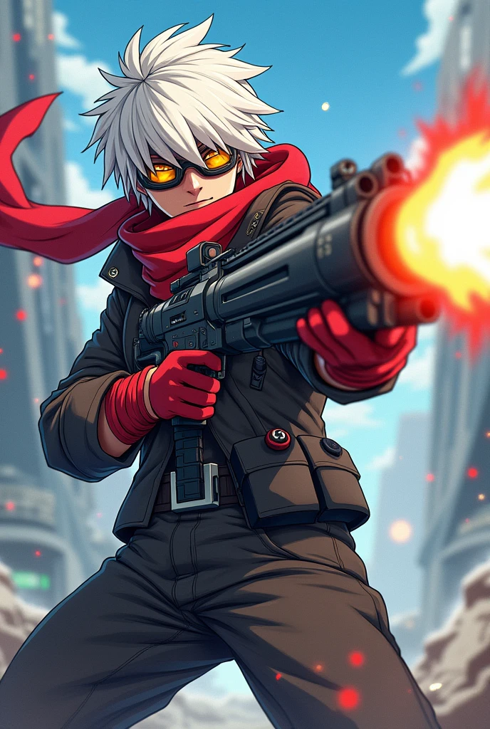A sci-fi stealth action character male with white long hair with a bright red scarf on that covers their mouth while they are wearing goggles and red socks, and firing a sci-fi bazooka in an anime art style