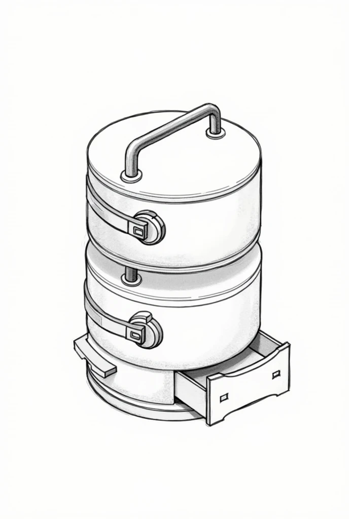 A round makeup kit with 3 compartment stacked on top each other, makeup brush holder attached to one of the compartment, button to hold the compartment in place, and a drawer on the last bottom story with a handle attached to the makeup kit to carry it in black and white sketch art.