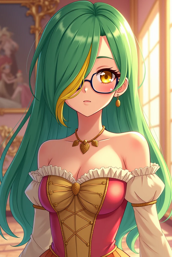 2D anime, yellow eyes wearing glasses, long green hair with bright yellow, hair covers left eye, princess party dress