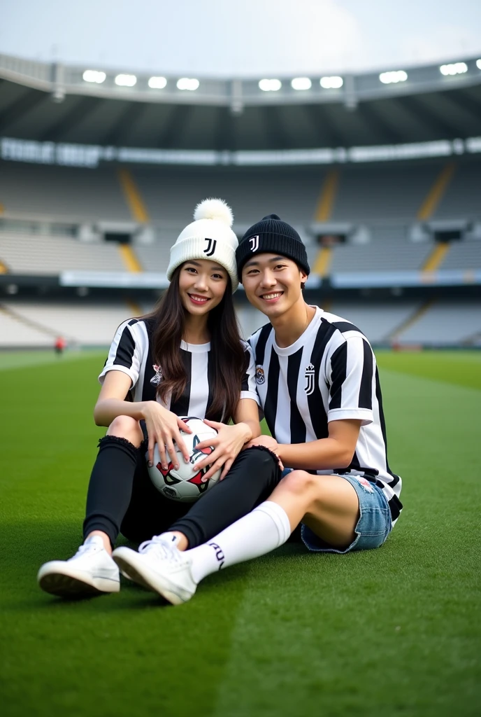 Displaying full HD high resolution photos, A handsome Korean man is sitting in the middle of the stadium field., while sitting on the grass the man is holding a ball with the JJ symbol, the man is wearing a black and white juventus jersey,wearing black jeans with rips, white sneakers, and wear a white beanie hat with the JJ logo, Beside the man, a beautiful woman was seen sitting there too.,the woman is wearing a juventus jersey, pakai rok pendek jeans sobek sobek dan white sneakers,wear a JJ logo black beanie hat, they both smile facing the camera, background of a green grassy stadium field and stands with the words "juventus",realistic