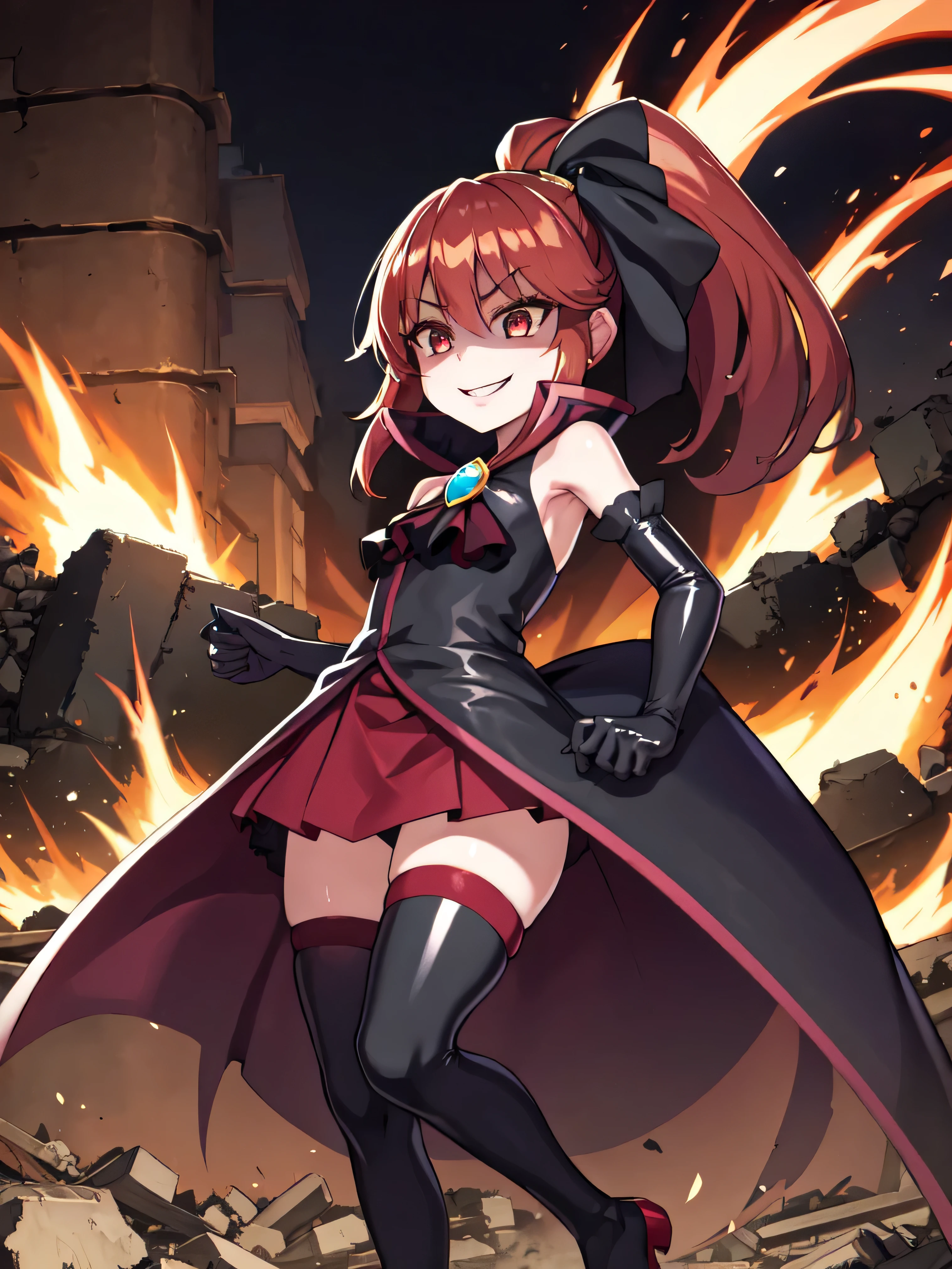 Highest quality, masterpiece, One Girl,Not beautiful, Red Ponytail, Long dress, brooch, Hair Ribbon,  Black knee socks, Standing on the rubble,  , ,,Dark shadow face,Sadistic laugh,,Malice,Contempt,smile,latex,Bad face,,Red Skirt,both hands,Two legs,Five Fingers,Evil background,Elbow fullgloves,latex,eivl laugh, Debish Aura (Shiny fabric:1.5),Dark world background,solo,Burning cityscape


