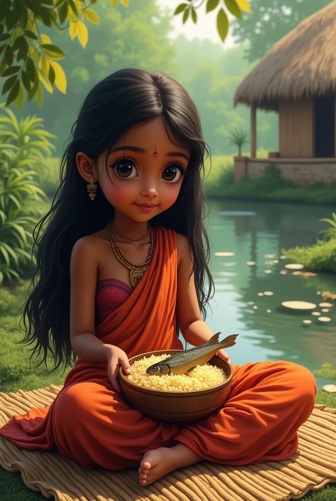 Create a bengali girl eating water rice wity hilsha fish