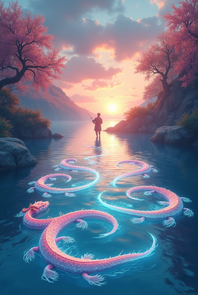 "Water Dragons Dance in the Crystal River": In a river of water as clear as crystal, Translucent and shiny water dragons play around a fisherman, creating spiral patterns that reflect the colors of the sky at sunset. The scene is full of movement and energy, with vibrant tones that capture the magic of the moment.