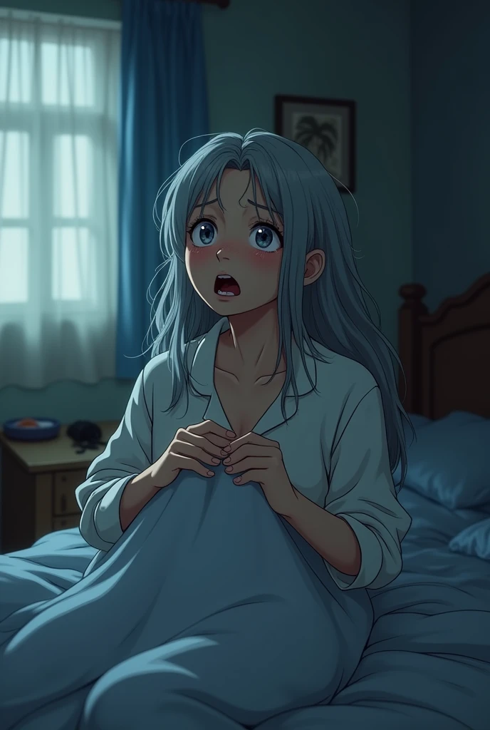 **Cielo's Physical Description:**
Cielo, at , has long, slightly disheveled hair, especially after waking up. She wears a simple pajama set. Despite being older, she remains quite and has a gentle, endearing appearance.
**Panel 9: Cielo Waking Up Frightened**
**Description:** Cielo, now , wakes up abruptly in the middle of the night. Sitting up in her bed, her breathing is rapid, and her face shows panic and confusion. Her hands grip the sheets tightly as she tries to recover from the dream. The room is simple and humble, with few belongings, but it's tidy and well-kept. Moonlight softly filters through a window, barely illuminating the space. Cielo is dressed in a simple pajama set, and her long hair is slightly messy from sweat.