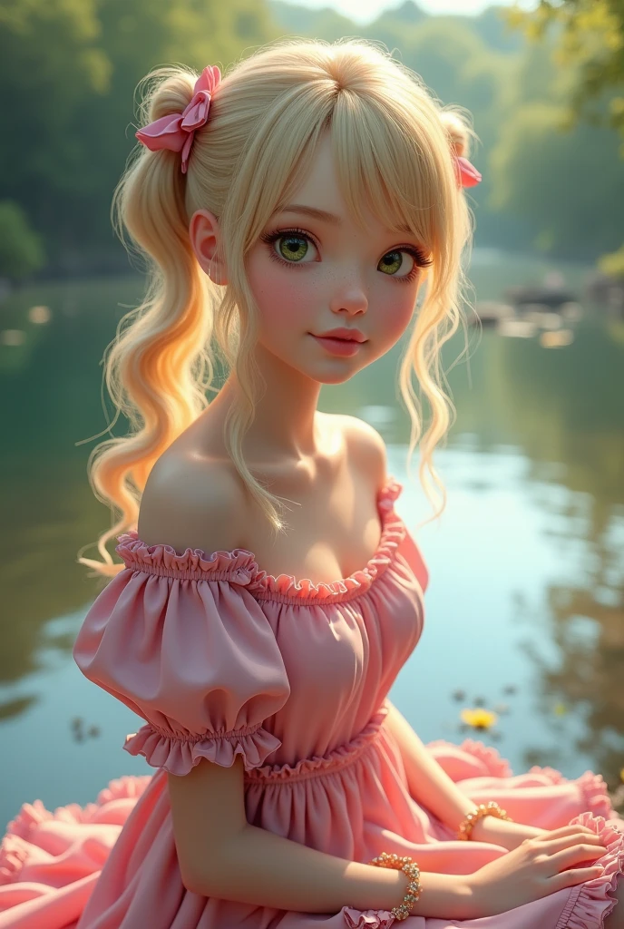 (masterpiece, best quality:1.4), Young blonde beauty, (((adult, neat girl))), detailed blue eyes, long eyelashes, blush, kind smile, , upper body, wet, pink sailor uniform, small ass, nd ass, (long at viewer), beautiful blonde hair, white-skinned, (bangs:1.3), pigtails, (from above), squeezing, (small breasts), (m forest, colorful celestial forest, beautiful and magnificent pink sunshine, majestic sky), natural light, pastel colors