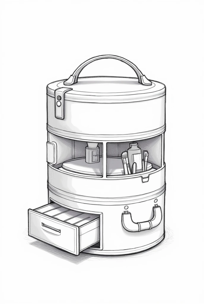 A round makeup kit with 3 compartment stacked on top each other, makeup brush holder attached to one of the compartment, on to hold the compartment in place, and a drawer on the last bottom story with a handle attached to the makeup kit to carry it in black and white sketch art.