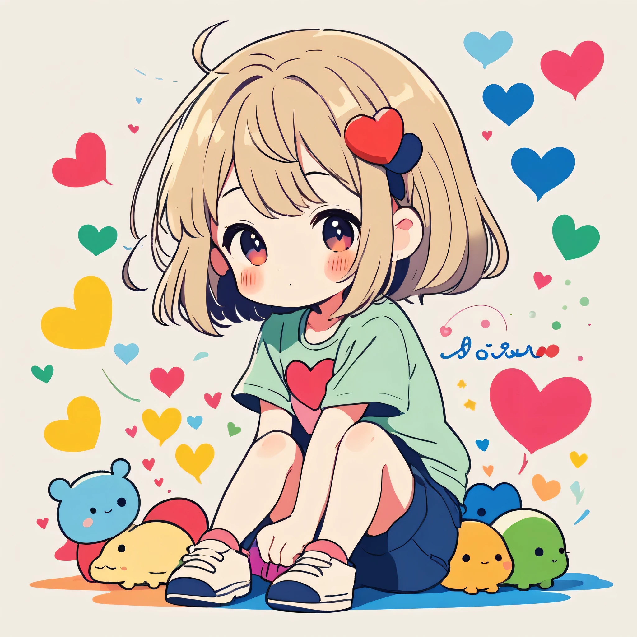 Makoto Shinkai colorful style, Simple Line Initialism,Abstract art,Kawaii Design, The most beautiful girl of all time、chibi, (((Cute pillbugs))), colorful hearts, summer version