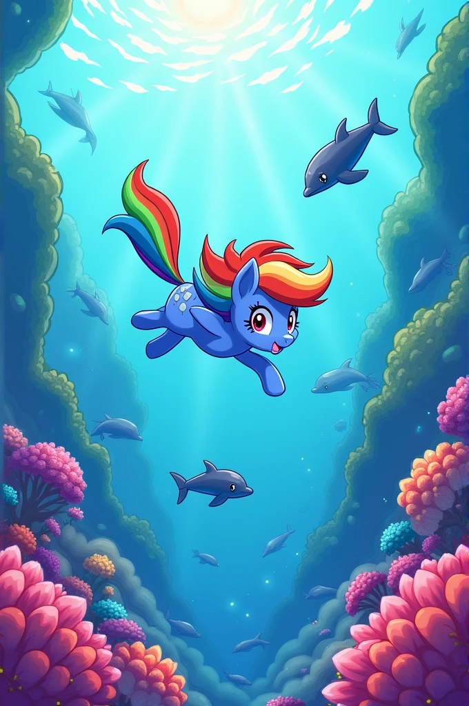 Rainbow Dash dolphins swimming gracefully through vibrant coral reefs, illustrated in a bright and playful cartoon style, colorful waves, dynamic movement, cheerful expressions, whimsical composition --ar 1:1 --s 150 --no text