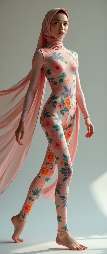 A beautiful and thinnest Malaysian Muslim girl wears  floral turtleneck unitard catsuit and floral Lycra dancewear hijab