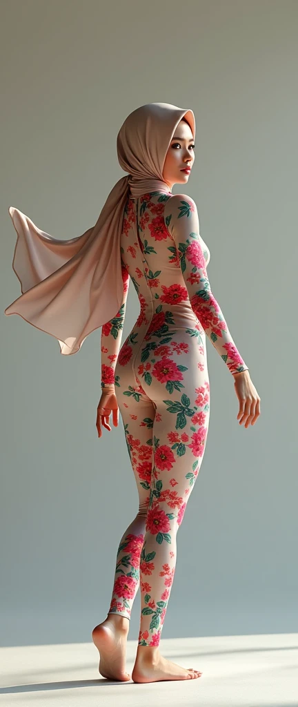 A beautiful and thinnest Malaysian Muslim girl wears  floral turtleneck unitard catsuit and floral Lycra dancewear hijab