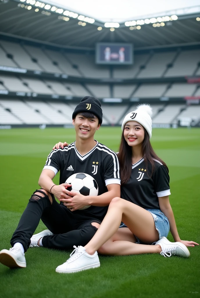 Displaying full HD high resolution photos, A handsome Korean man is sitting in the middle of the stadium field., while sitting on the grass the man is holding a ball with the JJ symbol, the man is wearing a black and white juventus jersey,wearing black jeans with rips, white sneakers, and wear a white beanie hat with the JJ logo, Beside the man, a beautiful woman was seen sitting there too.,the woman is wearing a juventus jersey, pakai rok pendek jeans sobek sobek dan white sneakers,wear a JJ logo black beanie hat, they both smile facing the camera, background of a green grassy stadium field and stands with the words "juventus",realistic