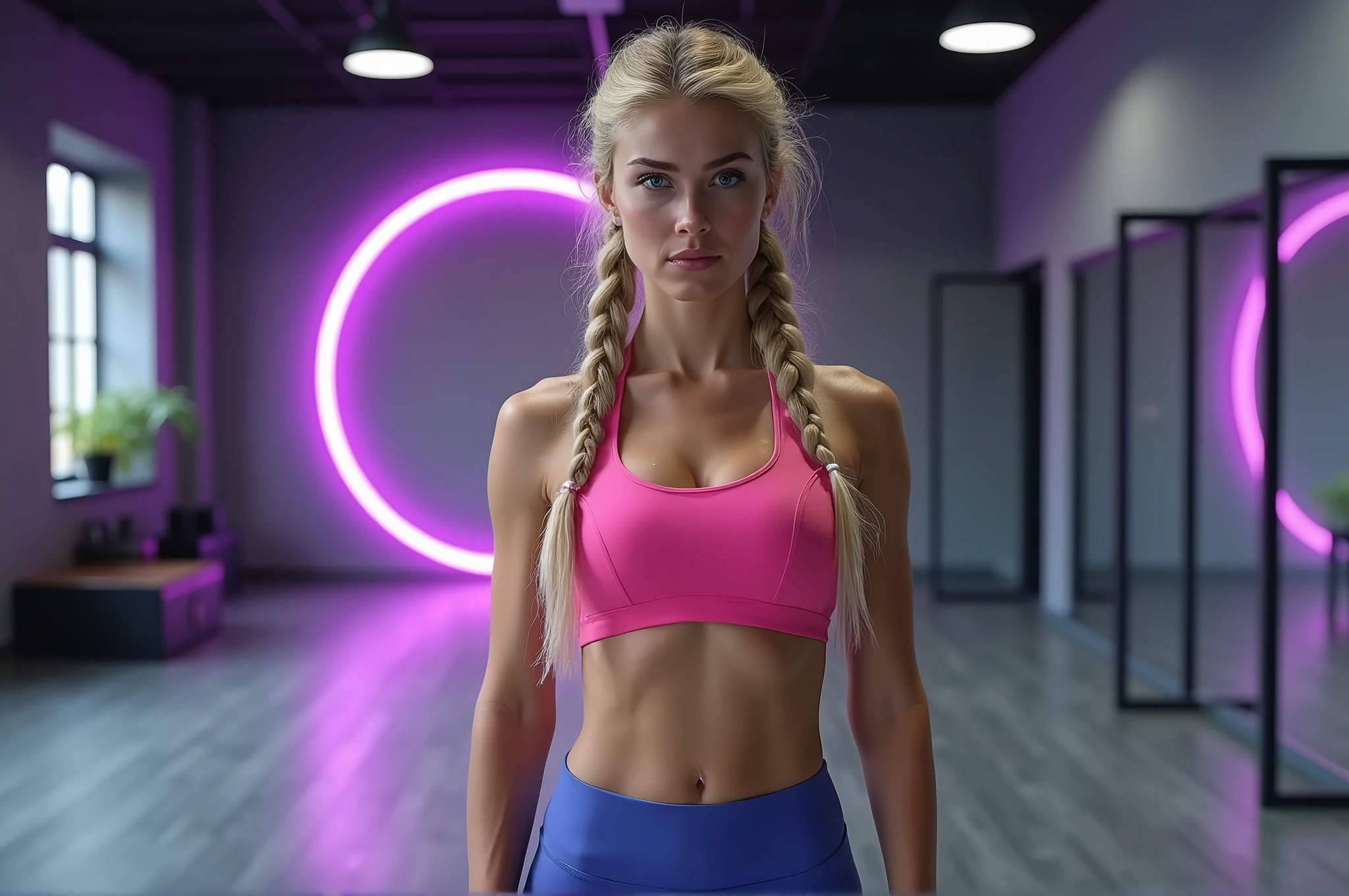 Blonde Russian girl 20 years old. Sexy woman in sports sexy clothes, sports pink top, sports blue leggings. Large breasts, curvy medium shapes and protruding buttocks, 15% fat, 3 breast size, Photo taken from the front, lens 1.4 G master 80mm. She is wearing sneakers. Two long braids. bright blue eyes. After training sweaty tired, Photo taken from the front, the model looks forward half-turned, pink sneakers, High resolution image. Realistic image, empty hall on the floor gray parquet, on the right there are floor-length mirrors, in the background on the wall there is a neon purple ring with a diameter of 1.5 meters, full-length image, super detailed skin. (((best quality))), -nsfw -imagine - naked-- super realistic-