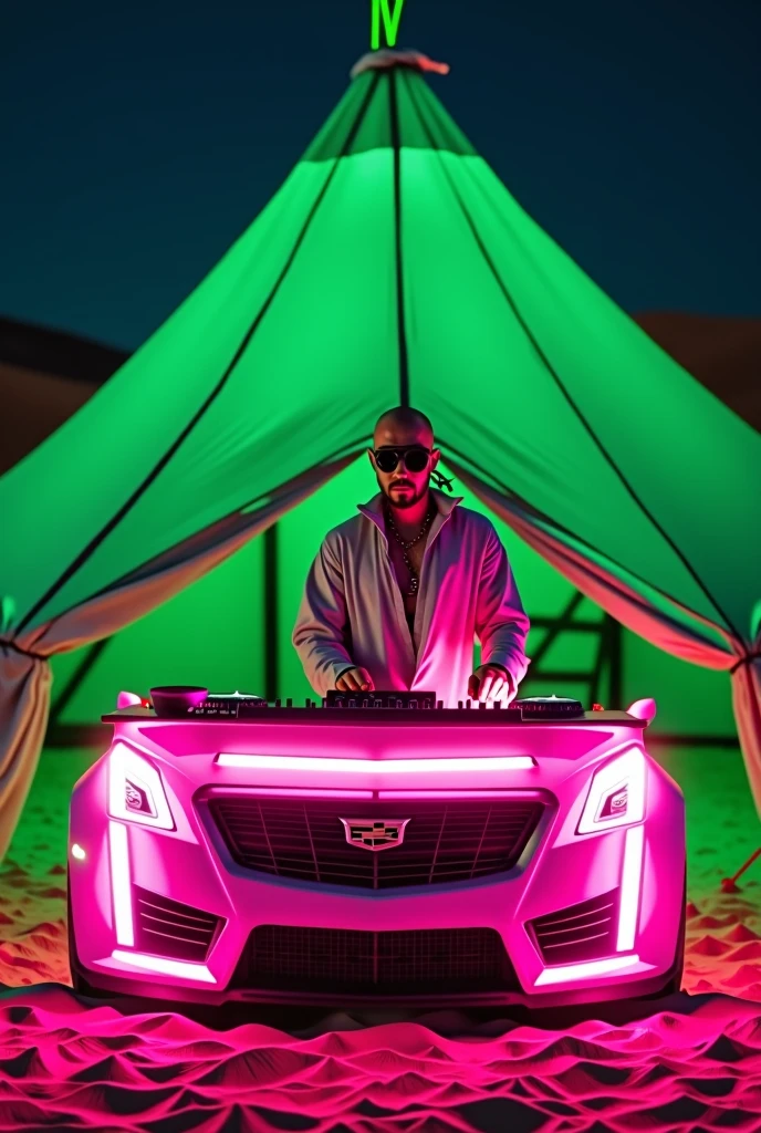 Give me an image of a DJ playing music behind a neon pink DJ booth with a cadillac grill on the front. The DJ is playing a party in the desert under a big green tent at night. The DJ goes by the name of First Bedouine On Mars and should be dressed like a mysterious futurist Bedouine man. Make him bald with a short beard and wearing burning man type dust goggles