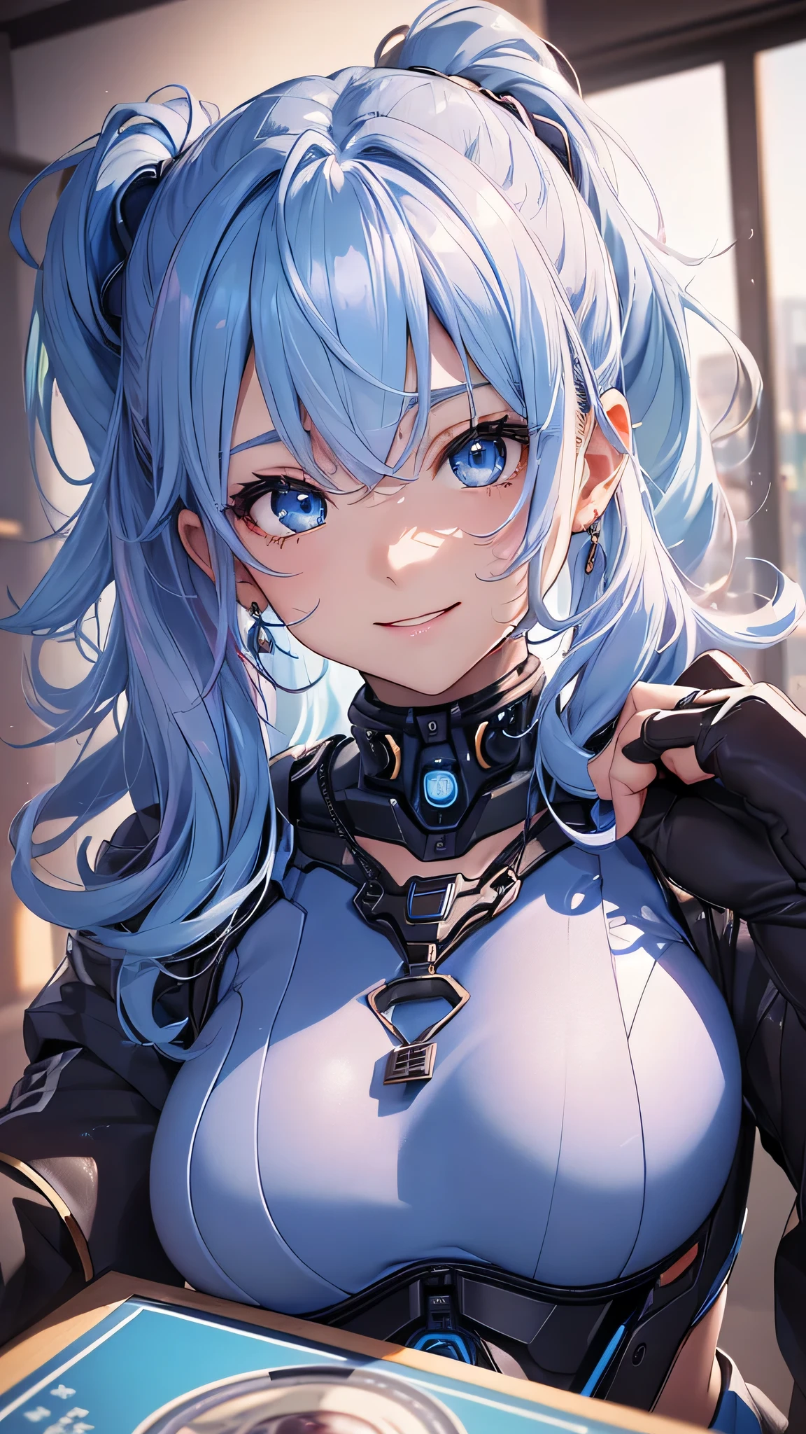 最high quality、Best image quality、masterpiece、and((cute、18-year-old、Best Bust、Medium Bust、Beautiful Blue Eyes、Spread your chest wide,Pastel colored hair、ponytail、Disheveled Hair、thin、Highest valley、Cyber Suit、smile、necklace、Wristband、))high quality、Beautiful art、background((reality)),Tabletop、Exquisite design、Visual Arts、Written boundary depth、Best lighting、Highest detail、8k