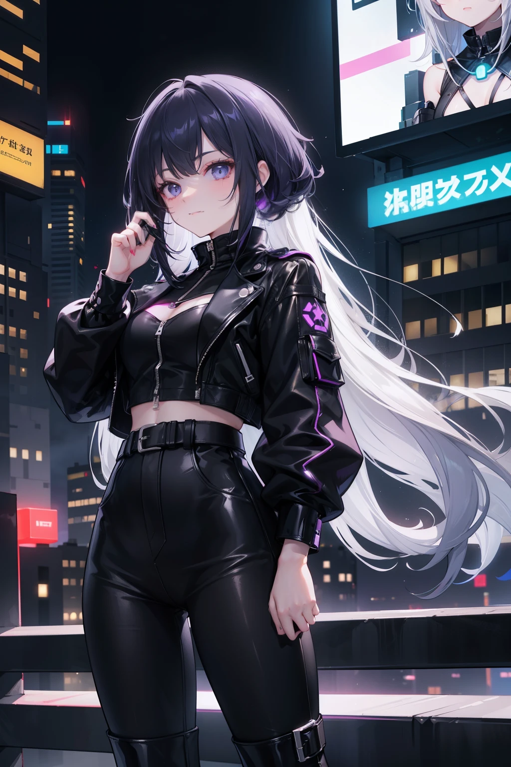 A girl stands on the roof of a skyscraper in a night metropolis, illuminated by neon lights. She has short dark indigo hair with silver streaks., and deep purple eyes with a barely noticeable scar on the right eye. She is wearing a black leather jacket with lots of belts., skinny pants and high boots, which highlight her cyberpunk style. In her hands she holds a small hacking device., fingers glide confidently over the keys. A weak expression plays on her face., mysterious smile, And there's tension in the air. In the background is an endless city with lights, reflecting her inner world, filled with secrets and dangers."