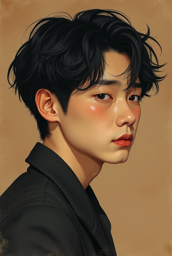 Can you create a brown book cover image with
a sad cute Asian guy who looks the side