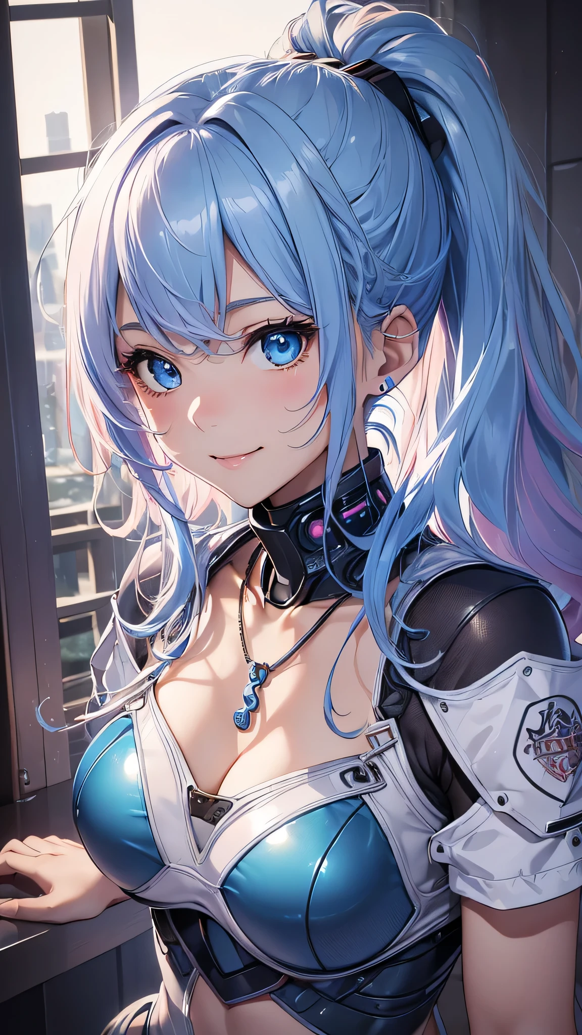 最high quality、Best image quality、masterpiece、and((cute、18-year-old、Best Bust、Medium Bust、Beautiful Blue Eyes、Spread your chest wide,Pastel colored hair、ponytail、Disheveled Hair、thin、Highest valley、Cyber Suit、smile、necklace、Wristband、)）high quality、Beautiful art、background((reality)),Tabletop、Exquisite design、Visual Arts、Written boundary depth、Best lighting、Highest detail、8ｋ