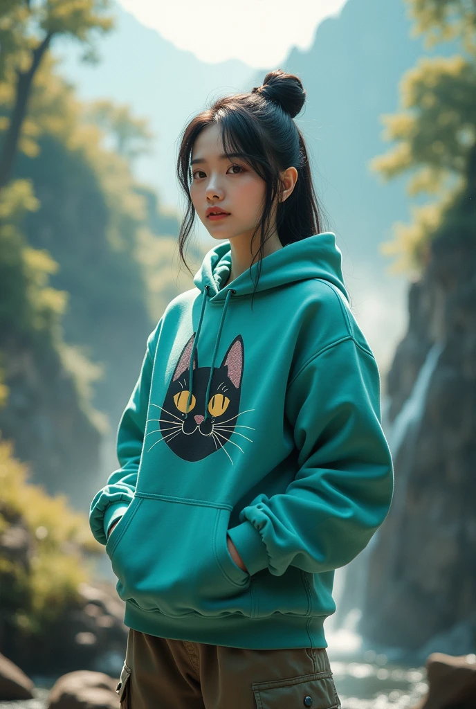 Beautiful Korean girl, smooth white skin, well-groomed face, black hair tied in a bun, turquoise hoodie, decorated with a large Angora cat motif.
, Long cargo pants, a faint smiling expression, the background is surrounded by lush mountains, tall trees, rocky cliffs, and flowing waterfalls, with fog and sunlight through the realistic trees, real photos,