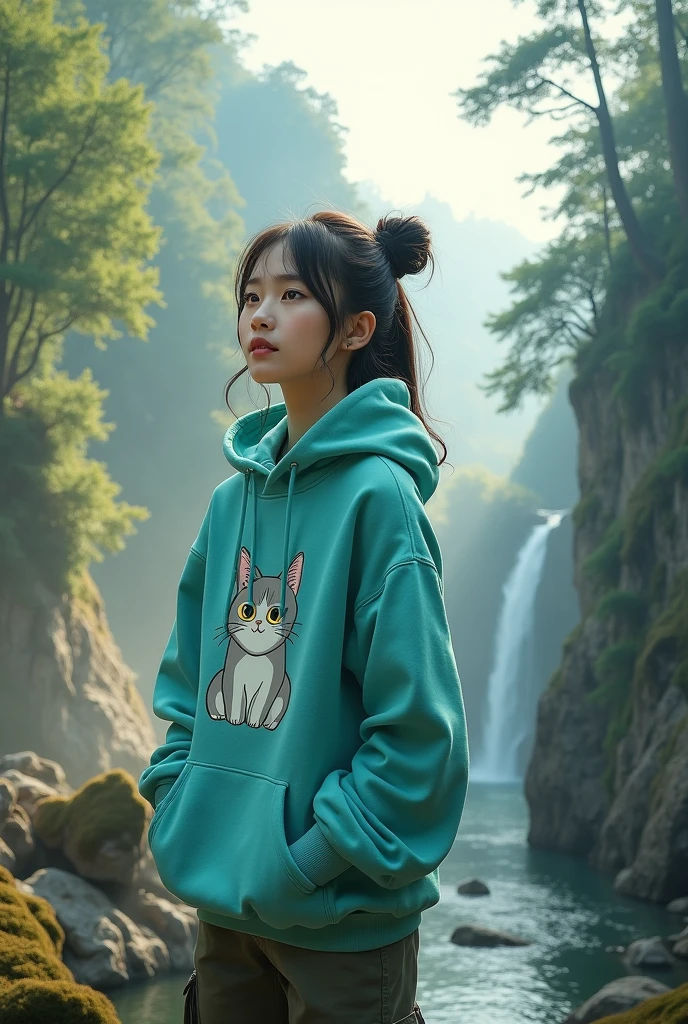 Beautiful Korean girl, smooth white skin, well-groomed face, black hair tied in a bun, turquoise hoodie, decorated with a large Angora cat motif.
, Long cargo pants, a faint smiling expression, the background is surrounded by lush mountains, tall trees, rocky cliffs, and flowing waterfalls, with fog and sunlight through the realistic trees, real photos,