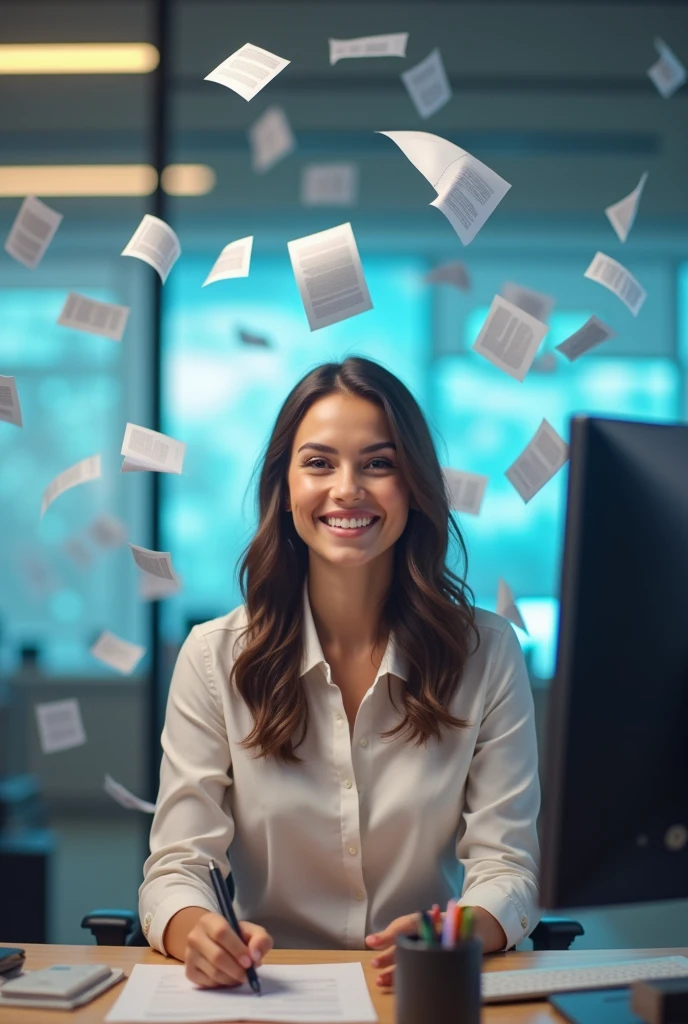 Office girl sit and smile while looking papers are flying into the computer screen