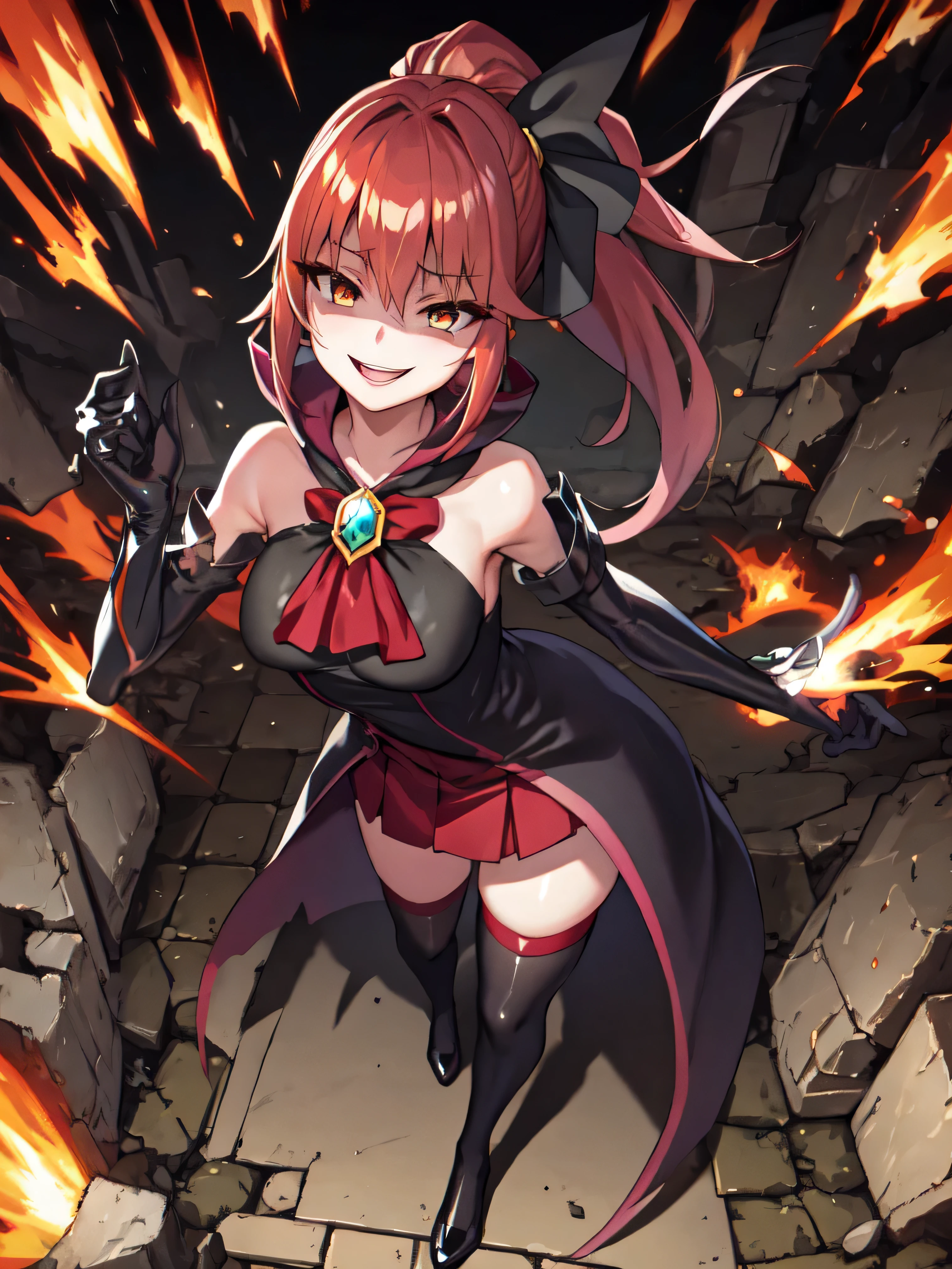 Highest quality, masterpiece, One Girl,Not beautiful, Red Ponytail, Long dress, brooch, Hair Ribbon, Black knee socks, Standing on the rubble, , ,,Dark shadow face,Sadistic laugh,,Malice,Contempt,smile,latex,Bad face,,Red Skirt,both hands,Two legs,Five Fingers,Evil background,Elbow fullgloves,latex,eivl laugh, Debish Aura (Shiny fabric:1.5),Dark world background,solo,Burning cityscape
