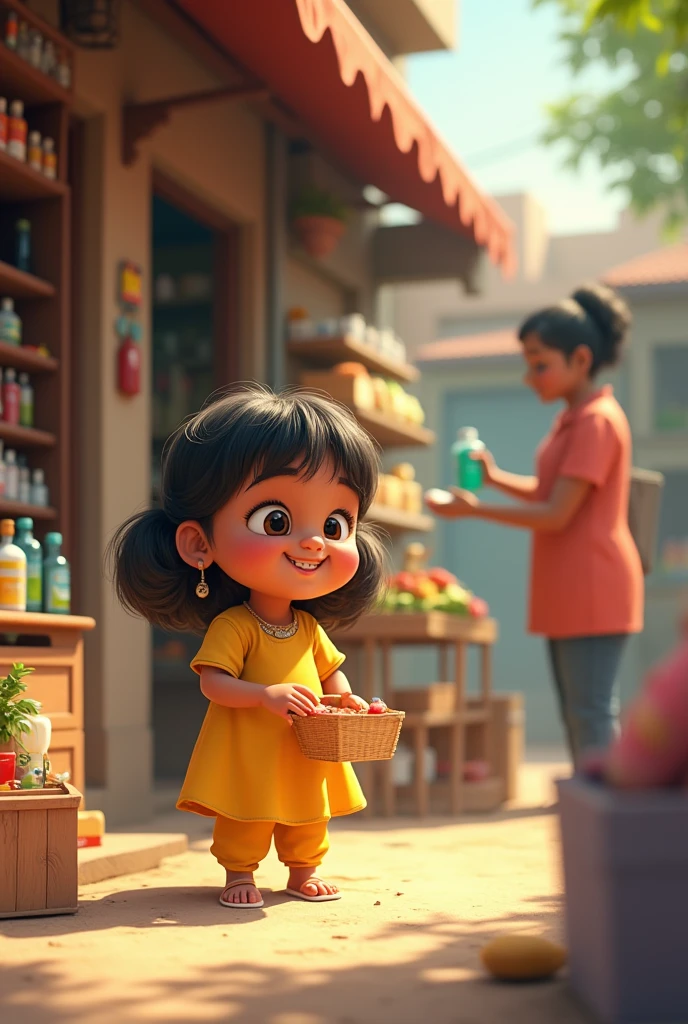 Draw small Ritu with yellow clothes buying medicines and food from a store and carrying them.