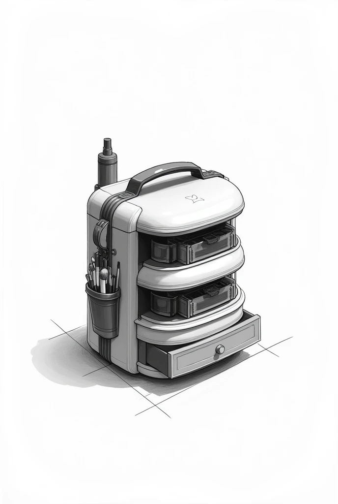 A round makeup kit with 3 compartment stacked on top each other, makeup brush holder attached to one of the compartment, button to hold the compartment in place, and a drawer on the last bottom story with a handle attached to the makeup kit to carry it in black and white sketch art.